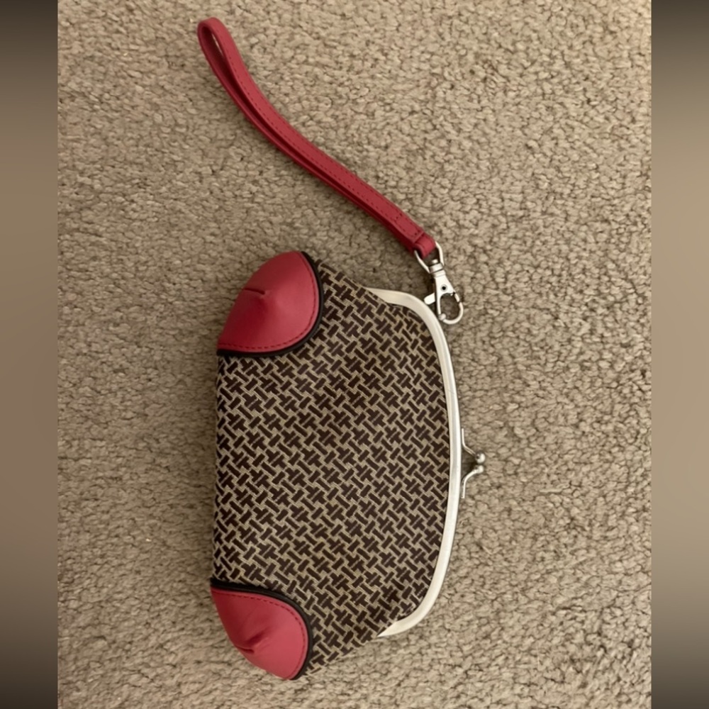Talbots Wristlet Clutch in Brown Pattern with Coral Corner Trim
